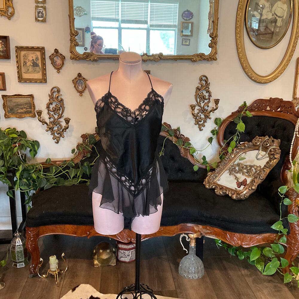 Vintage V-Neck Shiny Satin Lingerie Bodysuit lingerie plus Size 1X Black - Picture 1 of 5